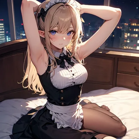 A maids, (in bedroom), various hair styles, night, details face, short skirt, seducing, sleeveless, maid uniform, armpits, elf