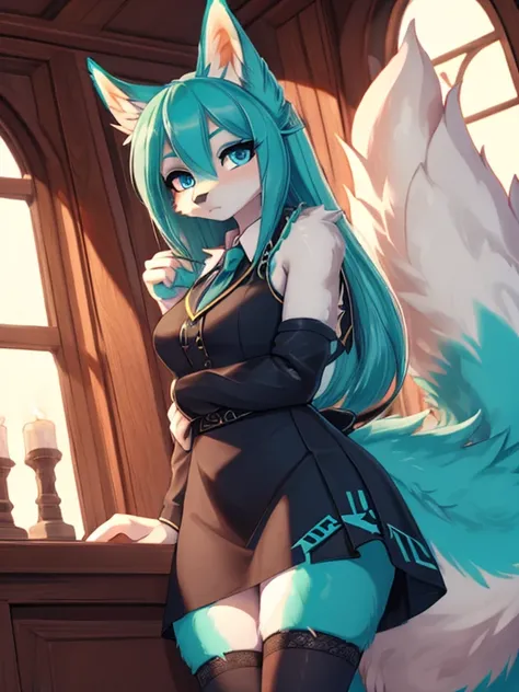 Miku Hatsune, alta definicion, orejas de kitsune, college girl, vestido japones, deep blue eyes high definition 