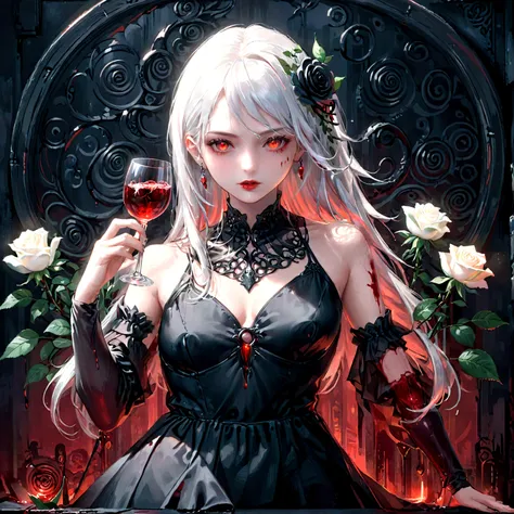 Arafed, dark fantasy art, glamour shot, award winning shot, photorealistic, a portrait of a female vampire drinking a glass of blood,, silver hair, long hair, red lips, glowing eyes, there is an imprint of ((white rose)), dynamic color, she wears, an elega...