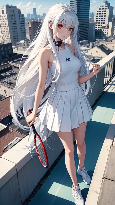 Beautiful woman, full body, hair, white and silver, red eyes, long hair, playing tennis, on the roof of a building