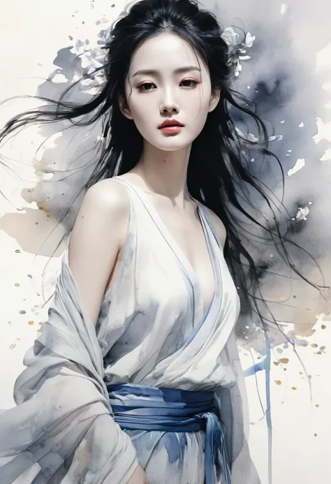 Illustration style, award winning art, Traditional Chinese painting style, Ink wash painting style, Flowing brushstrokes, by Agnes Cecile, Rich in layers, Classical Chinese maiden painting, The perfect fusion of modern art and traditional Chinese painting,...