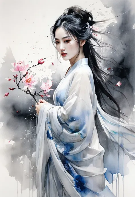 Illustration style, award winning art, Traditional Chinese painting style, Ink wash painting style, Flowing brushstrokes, by Agnes Cecile, Rich in layers, Classical Chinese maiden painting, The perfect fusion of modern art and traditional Chinese painting,...