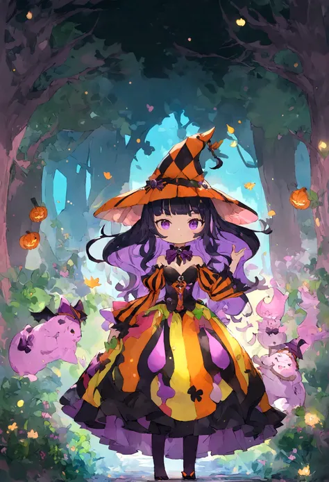 Una bruja caprichosa de Halloween, dressed in a vibrant and playful outfit, Standing in a magical forest full of colorful splashes of charm. Estilo de dibujos animados con efecto acuarela, 2d, y un fondo blanco. Perfect for a character design or fantasy th...