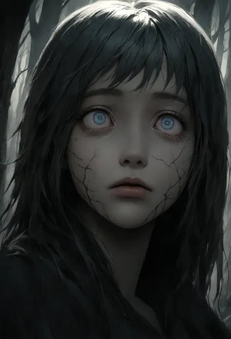 a frightened young girl walking in a dark and creepy forest, detailed facial features, large eyes, long eyelashes, portrait, horror, dark fantasy, moody dramatic lighting, muted colors, dramatic shadows, photorealistic, highly detailed, 8k, best quality