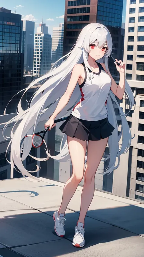 Beautiful woman, full body, hair, white and silver, red eyes, long hair, playing tennis, on the roof of a building smiling, looking at the sky