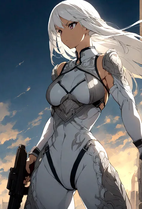 fighter.with honor and pride.tough,anime.girl.holding ak47u.white hair.perfect body