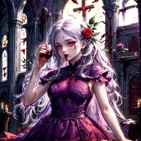 Arafed, dark fantasy art, glamour shot, award winning shot, photorealistic, a portrait of a female vampire drinking a glass of blood,, silver hair, long hair, red lips, glowing eyes, there is an imprint of ((white rose)), dynamic color, she wears, an elega...