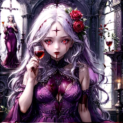 Arafed, dark fantasy art, glamour shot, award winning shot, photorealistic, a portrait of a female vampire drinking a glass of blood,, silver hair, long hair, red lips, glowing eyes, there is an imprint of ((white rose)), dynamic color, she wears, an elega...