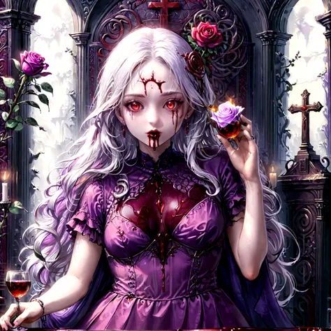 Arafed, dark fantasy art, glamour shot, award winning shot, photorealistic, a portrait of a female vampire drinking a glass of blood,, silver hair, long hair, red lips, glowing eyes, there is an imprint of ((white rose)), dynamic color, she wears, an elega...