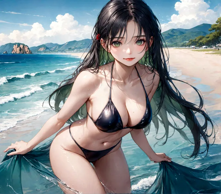 ((highest quality)),(Ultra-high resolution),(Very detailed),(Detailed Description),((The best CG)),(A masterpiece),Ultra-detailed art,Amazing drawing art,(Art with precise detail:1.5), (Woman in swimsuit walking on the beach:1.5),(Beautiful and well-propor...