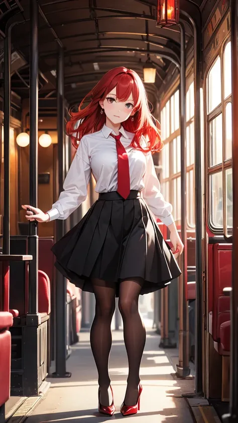 Create detailed image of full-bodied, red-haired Woman, white shirt, short red tie, black skirt, tights, red heels, all miy realistic, illuminated and colorful with an antique train in the background