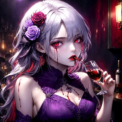 Arafed, dark fantasy art, glamour shot, award winning shot, photorealistic, a portrait of a female vampire drinking a glass of blood,, silver hair, long hair, red lips, glowing eyes, there is an imprint of ((white rose)), dynamic color, she wears, an elega...