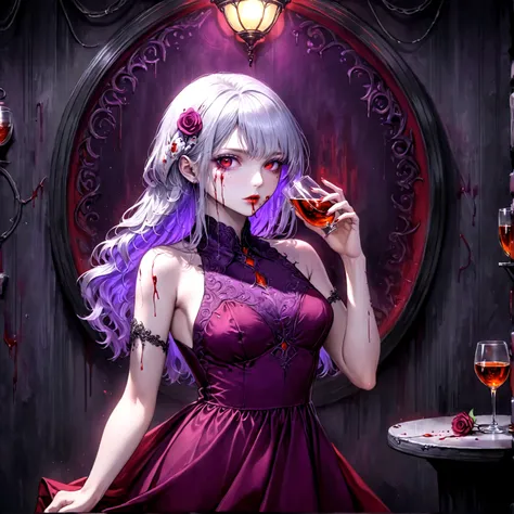 Arafed, dark fantasy art, glamour shot, award winning shot, photorealistic, a portrait of a female vampire drinking a glass of blood,, silver hair, long hair, red lips, glowing eyes, there is an imprint of ((white rose)), dynamic color, she wears, an elega...