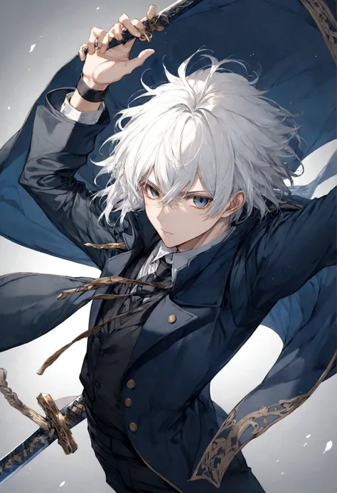 male, anime style, 2d, young, white hair, dark blue coat, dark grey pants, sword pose, high definition