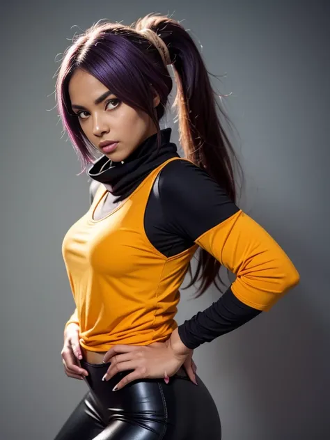 (best quality, highres:1.1), shihouin yoruichi, orange shirt, black leggings, shirt accessory, waist accessory, scarf, leg warmers, shoulder pads, detached sleeves, 1girl, solo, dark skinned female, dark skin, ponytail long hair, parted bangs, purple hair,...