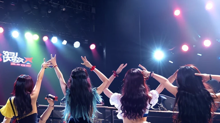 back view of k-pop idol group on the stage, black long hair