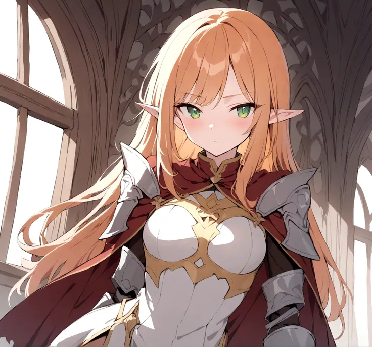 (1girl, Masterpiece, best quality) A young elf female with (long length orange hair and sharp side-swept fringe). Neutral, sligthly serious expression. Her attire includes a red cloak with yellow trim that covers a (medieval-style brown and white armored c...