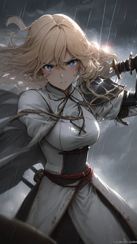 (anime)、(Artwork:1.2),atmospheric perspective,lens flare、A hazy battlefield、Thick clouds cover the sky, making the world appear gray、As the rain falls, the female knight crouches and thrusts her sword .。He looks frustrated and swears revenge.Rain-soaked ha...