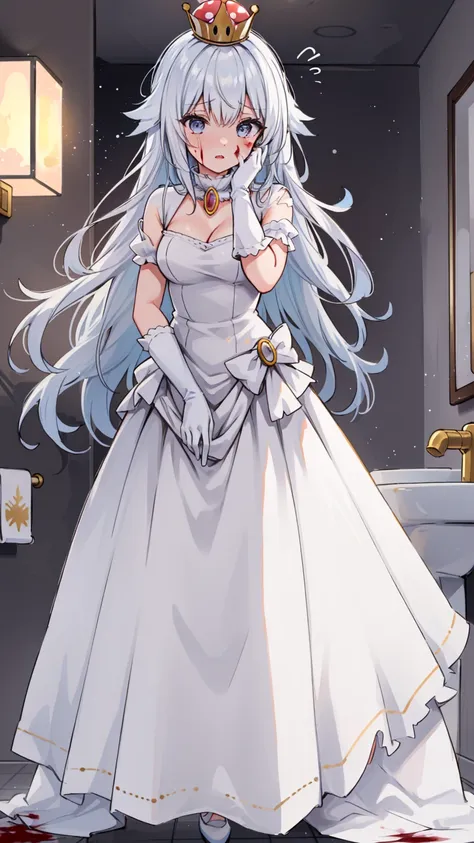 (masterpiece, best quality),  intricate details,
1girl,    boosette_mario, , long hair, white hair, long white dress, ballroom d...