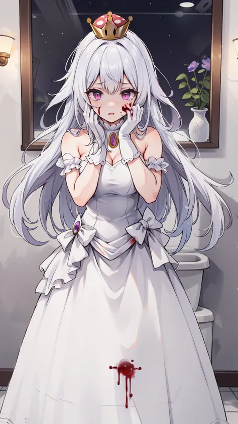 (masterpiece, best quality),  intricate details,
1girl,    boosette_mario, , long hair, white hair, long white dress, ballroom d...