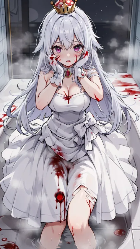 (masterpiece, best quality),  intricate details,
1girl,    Boosette_Mario, , long hair, white hair, long white dress, ballroom dress, white gloves, 
indoors, bathroom, toilet, urinal,  torn clothes, blood on face, scared, (purple eyes), (drenched on Blood)...