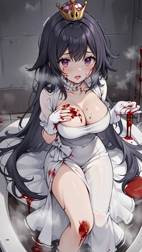 (masterpiece, best quality),  intricate details,
1girl,    Boosette_Mario, , long hair, white hair, long white dress, ballroom dress, white gloves, 
indoors, bathroom, toilet, urinal,  torn clothes, blood on face, scared, (purple eyes), (drenched on Blood)...