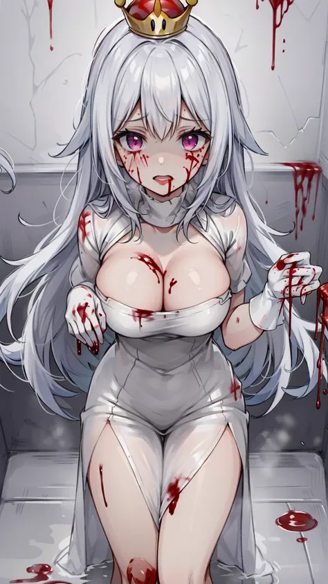 (masterpiece, best quality),  intricate details,
1girl,    Boosette_Mario, , long hair, white hair, long white dress, ballroom dress, white gloves, 
indoors, bathroom, toilet, urinal,  torn clothes, blood on face, scared, (purple eyes), (drenched on Blood)...