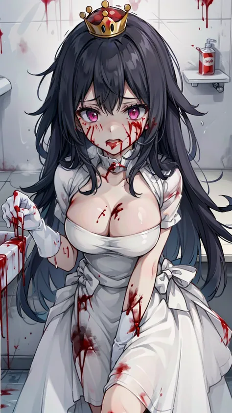 (masterpiece, best quality),  intricate details,
1girl,    Boosette_Mario, , long hair, white hair, long white dress, ballroom dress, white gloves, 
indoors, bathroom, toilet, urinal,  torn clothes, blood on face, scared, (purple eyes), (drenched on Blood)...