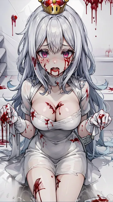 (masterpiece, best quality),  intricate details,
1girl,    Boosette_Mario, , long hair, white hair, long white dress, ballroom dress, white gloves, 
indoors, bathroom, toilet, urinal,  torn clothes, blood on face, scared, (purple eyes), (drenched on Blood)...