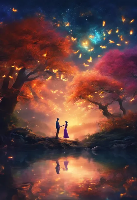 (masterpiece,4K,8k,wallpaper)、Lake with a lot of fireflies、Fantasy World、A man and a woman hug each other and try to kiss、The fantastic light of fireflies、Romantic view、Shining Lake、Fantastic World、beautiful、men and women