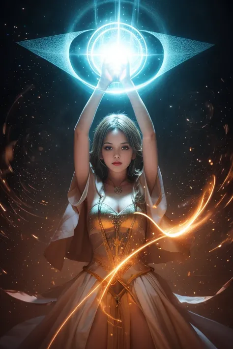 magician, Magical girl, Mysterious look, Magic wand, magic circle, Fascinating costumes, Mysterious Background, Best Shadow, Particles of light, Light Wave, Magic spells, Soft and dreamy light, Fantasy atmosphere, swirling energy, Pulsating aura, Glowing R...