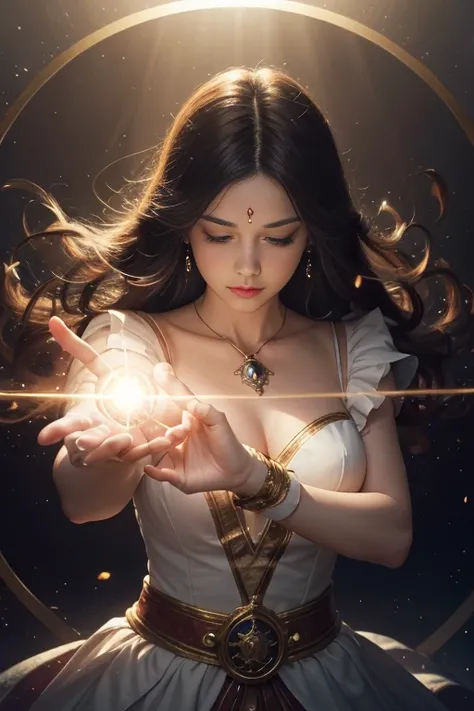 magician, Magical girl, Mysterious look, Magic wand, magic circle, Attractive costume, Mysterious Background, Best Shadow, Particles of light, Light Wave, Magic spells, Soft and dreamy light, Fantasy atmosphere, swirling energy, Pulsating aura, Glowing Run...