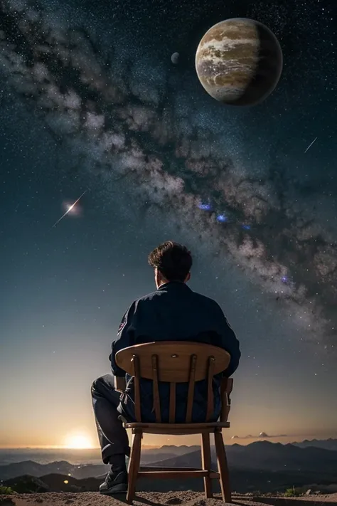 Chico estilo anime sentado en una silla mientras se inclina observando hacia arriba. In the background is the universe with a couple of small planets and stars. En la parte superior de la imagen un texto que diga "Viendo Universos"