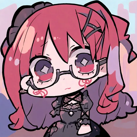 a gothic chibi female with a black dress, red long hair and glasses on