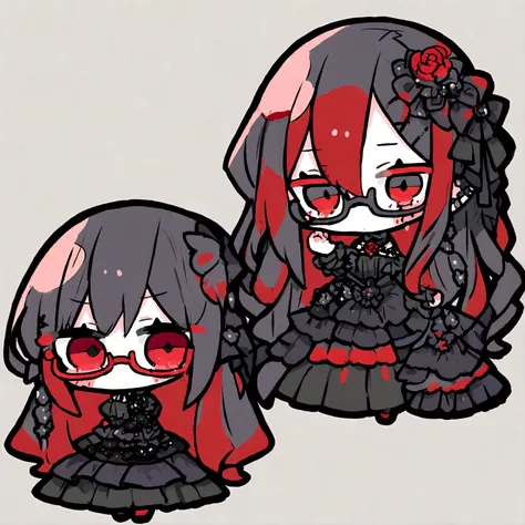 a gothic chibi female with a black dress, red long hair and glasses on