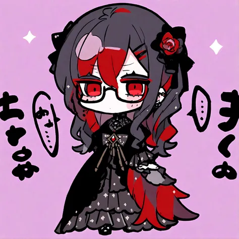 a gothic chibi female with a black dress, red long hair and glasses on