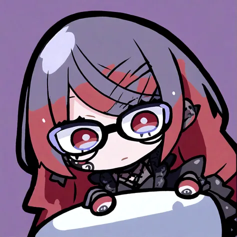 a gothic chibi female with a black dress, red long hair and glasses on