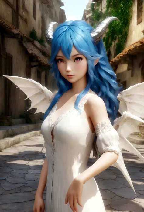 Anime girl with blue hair and horns on a street, 3D realistic anime, 2. 5 d cgi anime fantasy artwork, anime style 3d, anime style. 8k, 4k anime style, 3d style realistic anime, deviantart artstation cgscosiety, digital anime art, guweiz style art art, det...