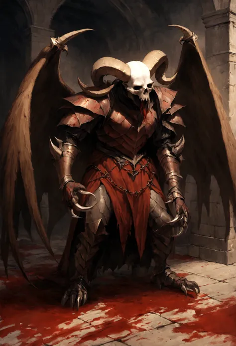 a goat-headed demon with large horns, strong and strong upper body, demon skins, skins, ((claws, wings)), demonic armor, blood splatters, skulls on the ground, standing in a blood ritual, medieval, dark room, dim light, masterpiece, realistic, oil painting