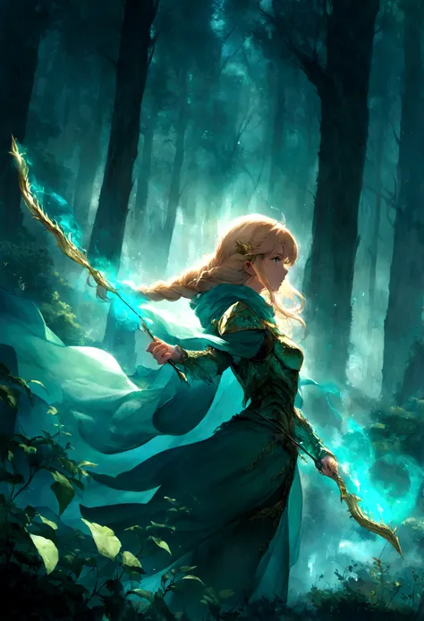 An elven ranger draws a glowing teal bow, Blue-eyed winter braided golden hair and cloak blowing dramatically. An intricate leaf-shaped armor glows in the mystical mist of the forest behind it.. Dynamic fantasy landscape, Radiant lighting. She holding a bo...