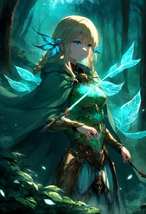 An elven ranger draws a glowing teal bow, Blue-eyed winter braided golden hair and cloak blowing dramatically. An intricate leaf-shaped armor glows in the mystical mist of the forest behind it.. Dynamic fantasy landscape, Radiant lighting. She holding a bo...