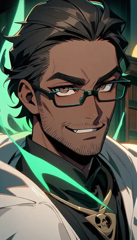 1 man, dark toned skin, black messy short hair, brown eyes, black rimmed glasses, facial hair, stubble beard, wizard robes with hood, evil necromancer magic, handsome, brown skin tone, neon green magics, neon teal magics, looking at viewer, arrogant, smirk...