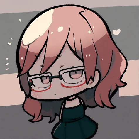 a chibi female with a black dress, red long hair and glasses on