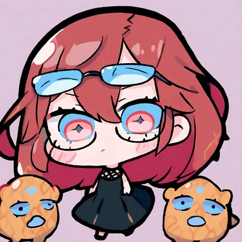 a chibi female with a black dress, red long hair and glasses on