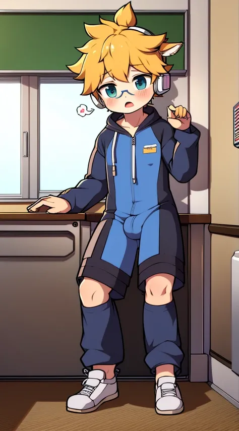 2D Boy Shota，One-piece mountaineering suit，Put the headphones on your head，permanent，goggles，Cow ears，sports shoes，classroom，moan