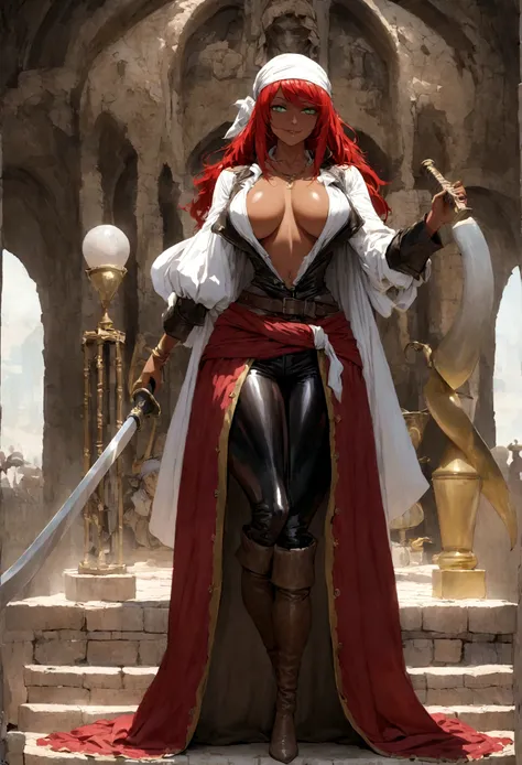 Tall woman, hourglass figure, volumptious body, pirate clothing, bandana, tan skin, piercing green eyes, evil smile, long red hair,fitted leather jacket, white blouse, pants are tight and reinforced,A sash tied around her waist, cutlass, cloak, exposed che...