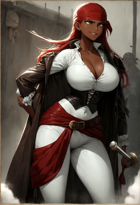 Tall woman, slender figure, large breast, thin waist, pirate clothing, bandana, tan skin, piercing green eyes, evil smile, long red hair,fitted leather jacket, white blouse, pants are tight and reinforced,A sash tied around her waist, cutlass, cloak, expos...