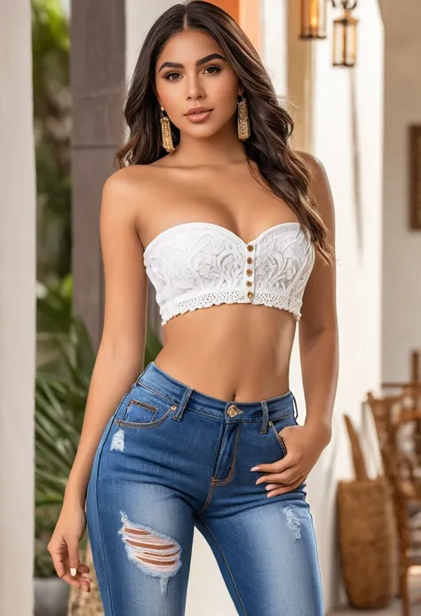 ((high quality:1.2)), Work of art, (8k), extremely detailed, ((High detail:1.2)) ((best resolution)), (Hotlexi woman), Solo, 24 year old white latin female, ((cropped strapless,  jeans pants)),