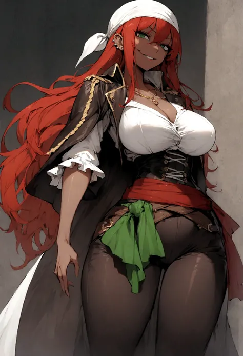 Tall woman, slender figure, large breast, thin waist, pirate clothing, bandana, light tan skin, piercing green eyes, evil smile, long red hair,fitted leather jacket, white blouse, pants are tight and reinforced,A sash tied around her waist, , cloak, expose...