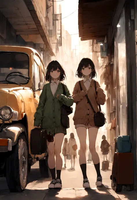 two female teenagers walk down the street with only a small sign in their hand, ground vehicle, multiple girls, car, motor vehicle, 2girls, socks, black hair, bag, sleeves past wrists, cardigan, , shoes